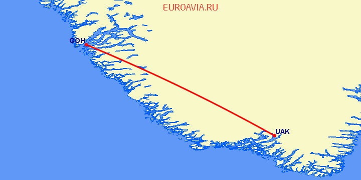 перелет Nuuk — Narsarsuaq на карте
