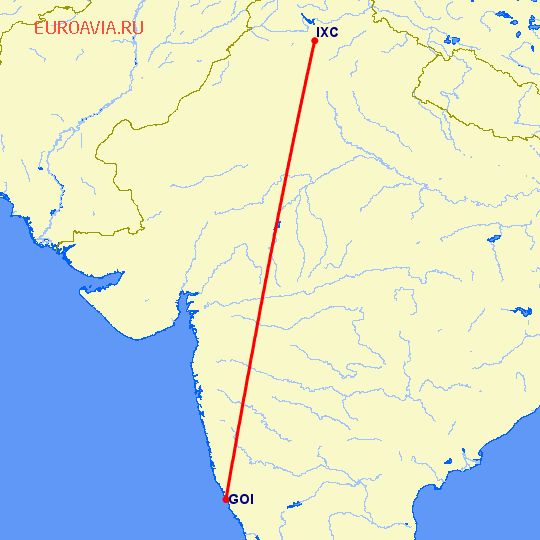 перелет Гоа — Чандигарх на карте