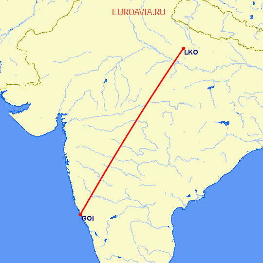 перелет Гоа — Лакнау на карте