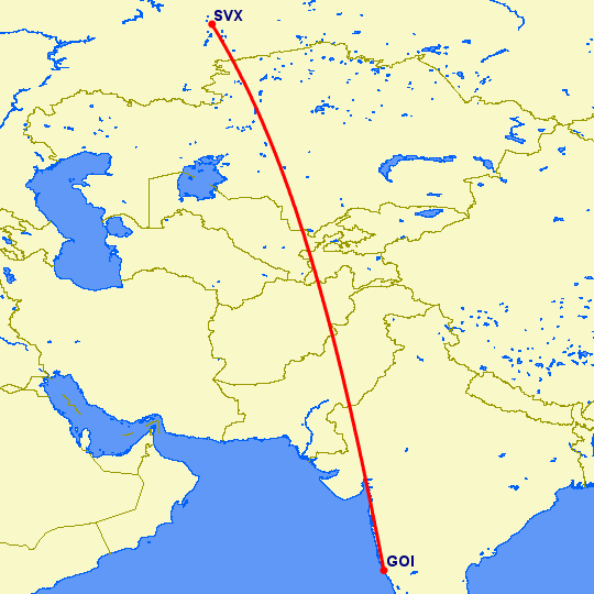 перелет Гоа — Екатеринбург на карте