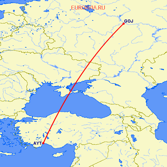 перелет Нижний Новгород — Анталия на карте