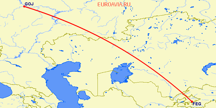 перелет Нижний Новгород — Фергана на карте
