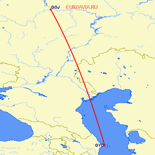перелет Нижний Новгород — Баку на карте