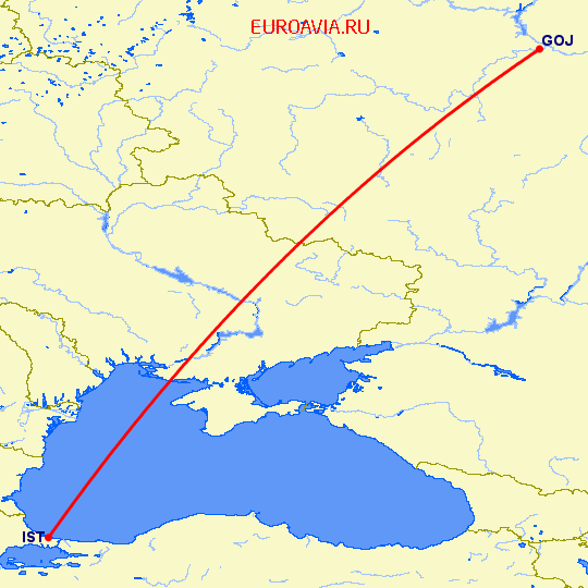 перелет Нижний Новгород — Стамбул на карте