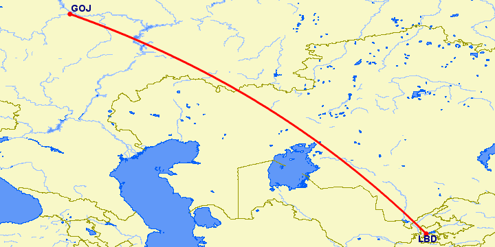 перелет Нижний Новгород — Худжанд на карте