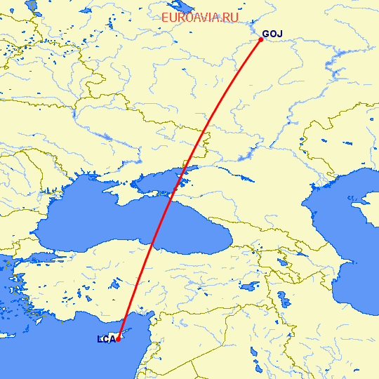перелет Нижний Новгород — Ларнака на карте
