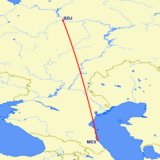 перелет Нижний Новгород — Махачкала на карте