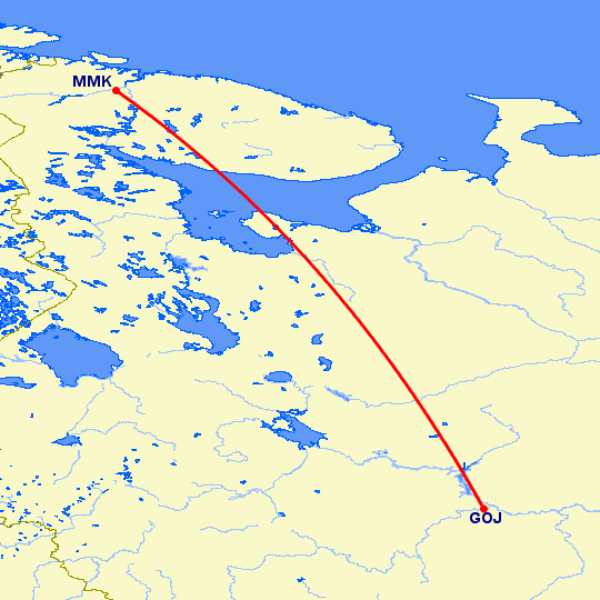 перелет Нижний Новгород — Мурманск на карте