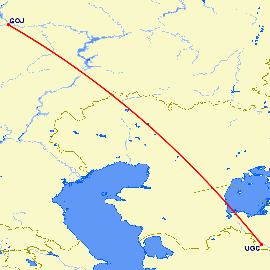 перелет Нижний Новгород — Ургенч на карте