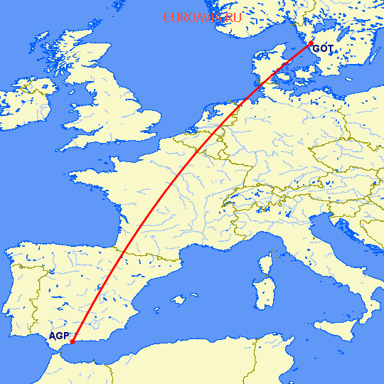 перелет Гетеборг — Малага на карте