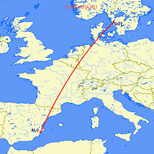 перелет Гетеборг — Аликанте на карте