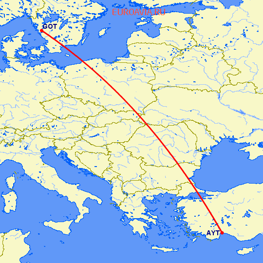 перелет Гетеборг — Анталия на карте