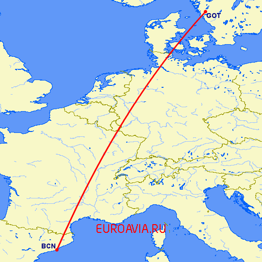 перелет Гетеборг — Барселона на карте