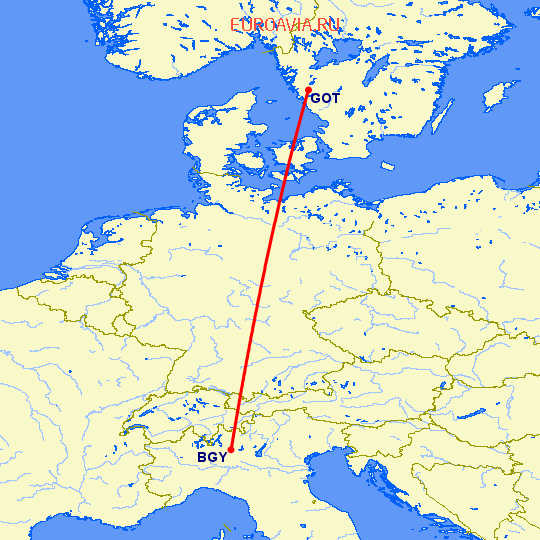 перелет Гетеборг — Бергамо на карте