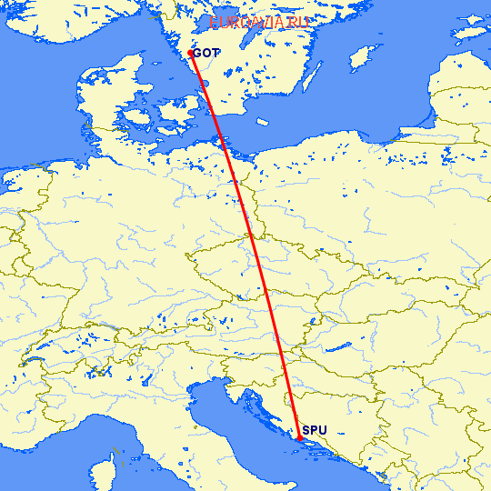 перелет Гетеборг — Сплит на карте