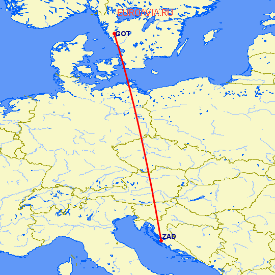 перелет Гетеборг — Задар на карте