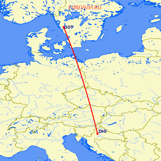 перелет Гетеборг — Загреб на карте