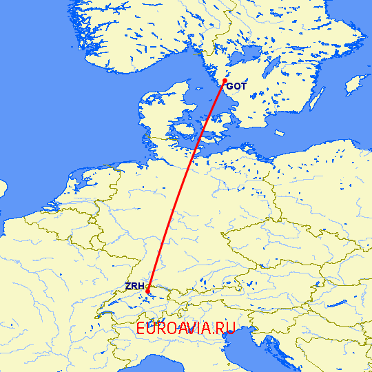 перелет Гетеборг — Цюрих на карте