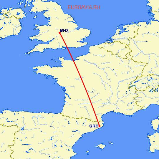 перелет Жирона — Бирмингем на карте