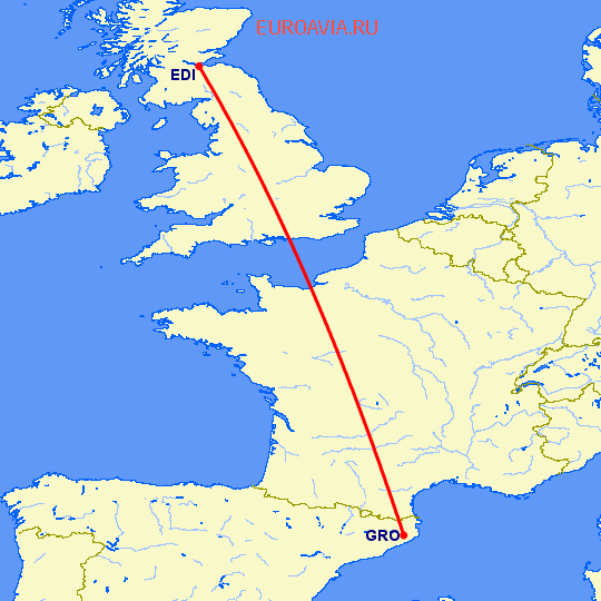 перелет Жирона — Эдинбург на карте