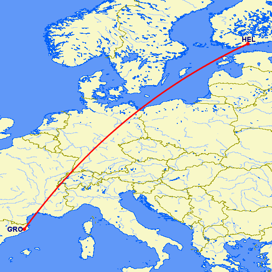перелет Жирона — Хельсинки на карте