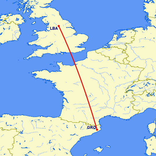 перелет Жирона — Лидс на карте
