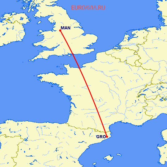 перелет Жирона — Манчестер на карте