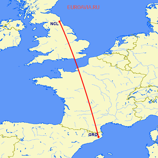 перелет Жирона — Ньюкасл на карте