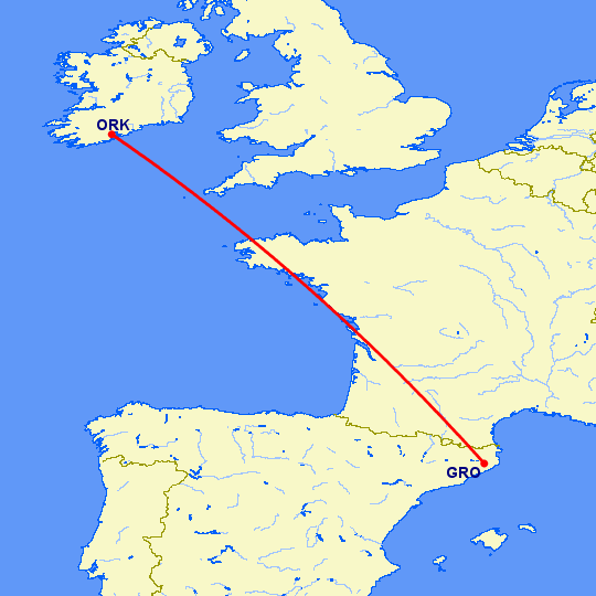 перелет Жирона — Корк на карте