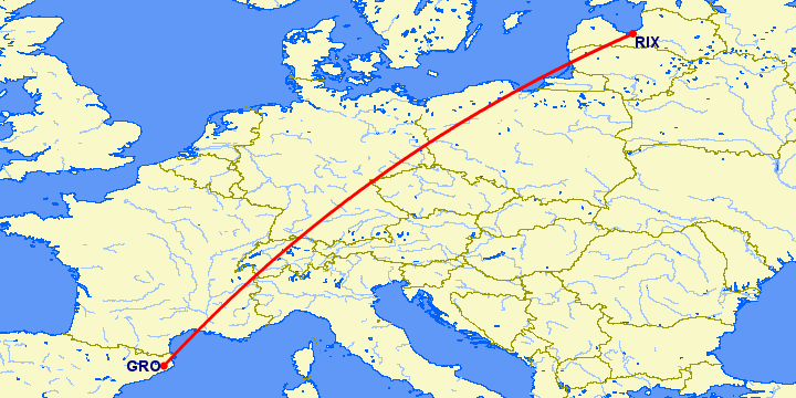 перелет Жирона — Рига на карте