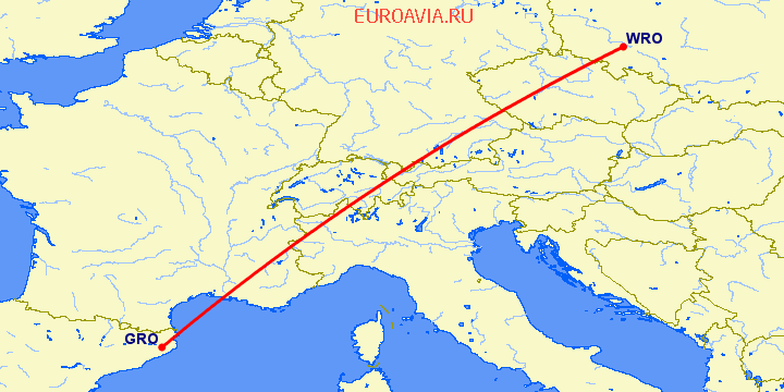 перелет Жирона — Вроцлав на карте