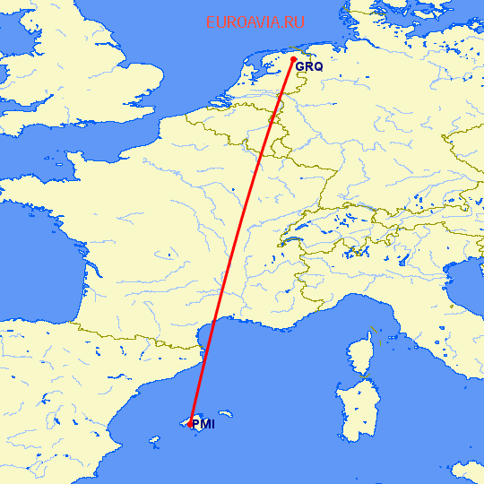 перелет Гронинген — Пальма де Майорка на карте