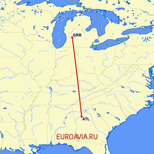 перелет Гранд Рапидс — Атланта на карте