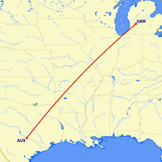 перелет Гранд Рапидс — Остин на карте