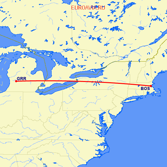 перелет Гранд Рапидс — Бостон на карте