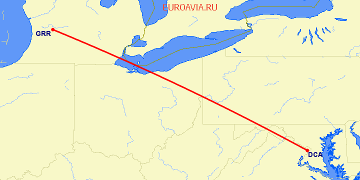 перелет Гранд Рапидс — Вашингтон на карте