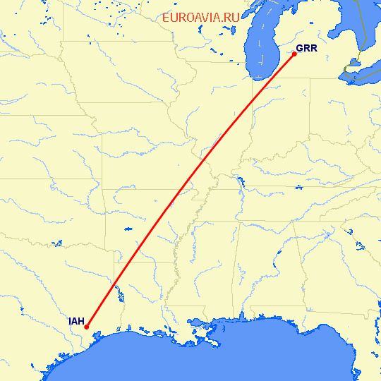 перелет Гранд Рапидс — Хьюстон на карте