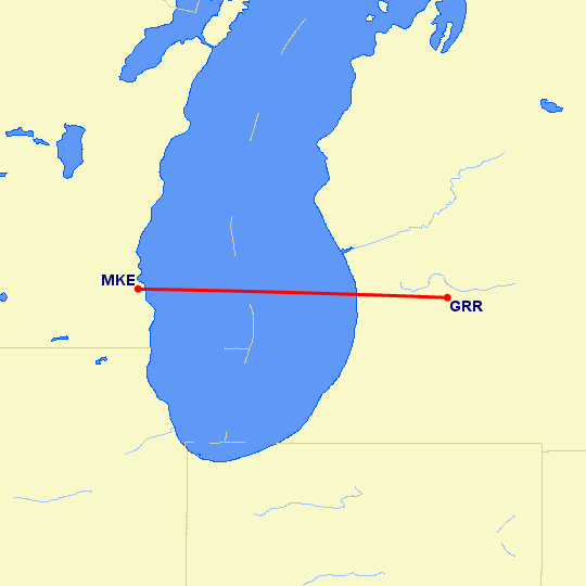 перелет Гранд Рапидс — Милуоки на карте