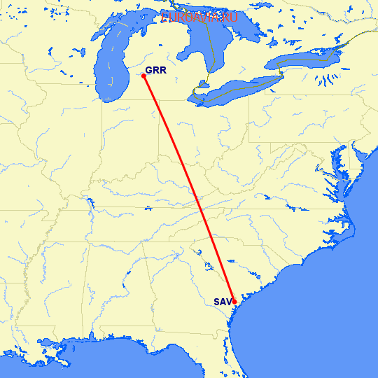 перелет Гранд Рапидс — Саванна на карте