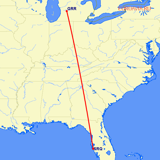 перелет Гранд Рапидс — Сарасота на карте