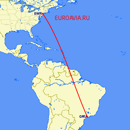 перелет Сан Паулу — Ньюарк на карте