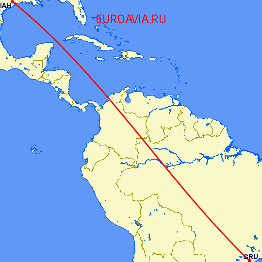 перелет Сан Паулу — Хьюстон на карте