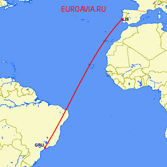 перелет Сан Паулу — Лиссабон на карте