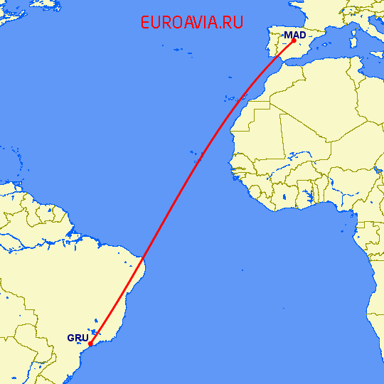перелет Сан Паулу — Мадрид на карте