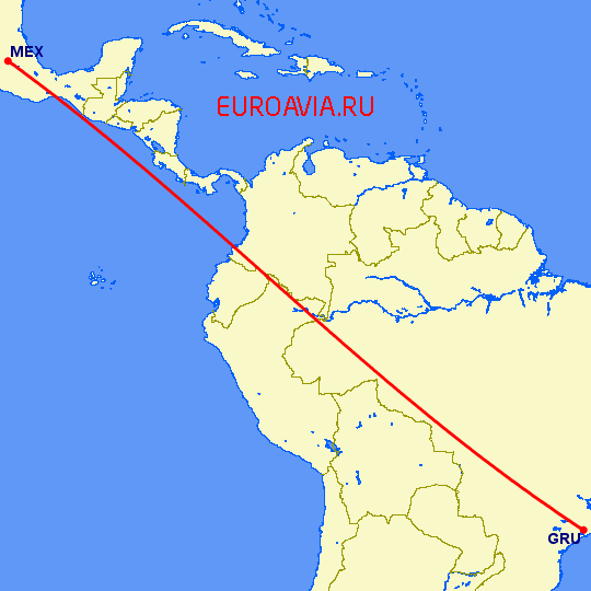 перелет Сан Паулу — Мексико Сити на карте