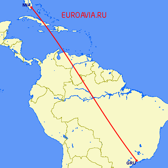 перелет Сан Паулу — Майами на карте