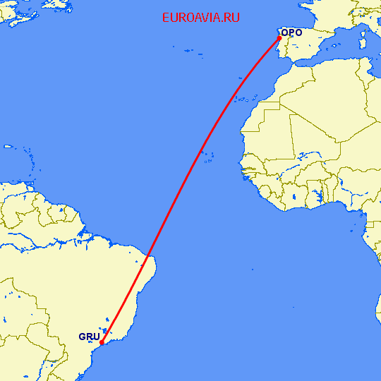 перелет Сан Паулу — Порту на карте