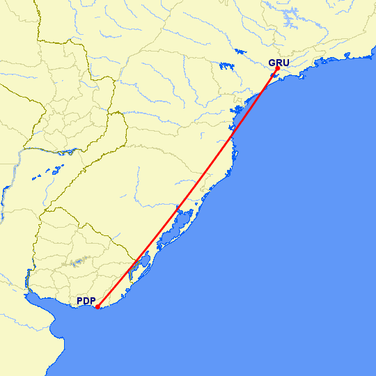 перелет Сан Паулу — Пунта дель Эсте на карте
