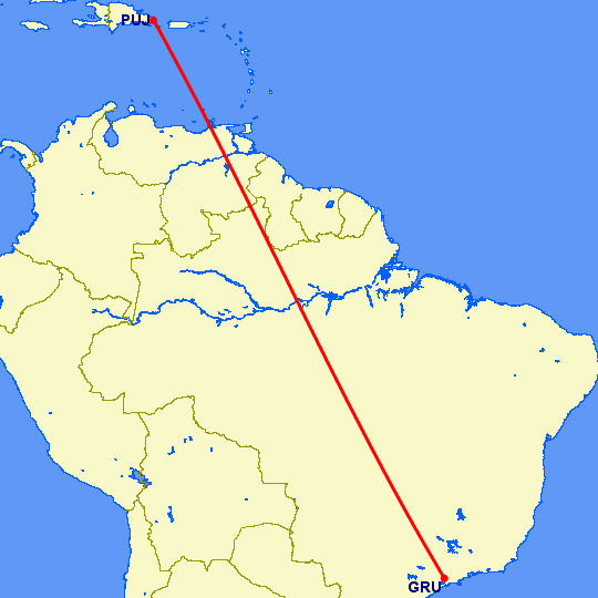 перелет Сан Паулу — Пунта Кана на карте