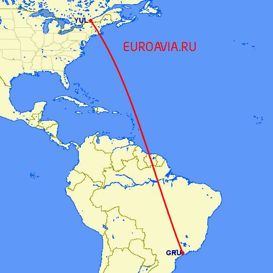 перелет Сан Паулу — Монреаль на карте